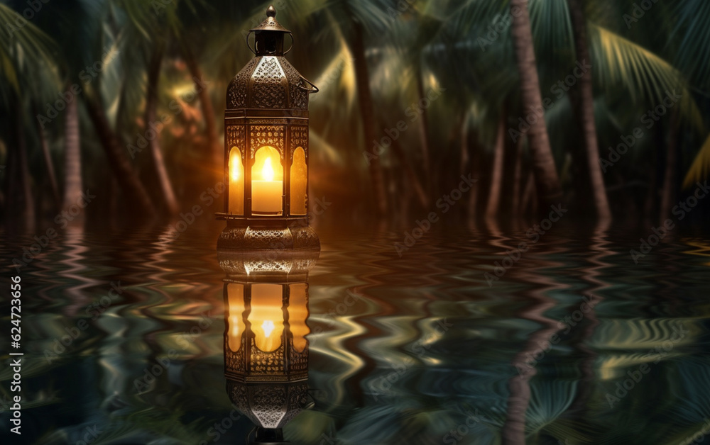 A luminous Ramadan glass lantern at night floating over a pool of water with a background of palm leaves A luminous Ramadan glass lantern at night floating over a pool of water with a background of palm leaves