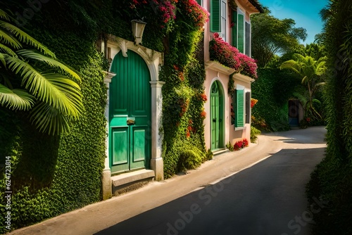 House Shadows of tropical foliage on a green wall in the Caribbean © Ahtesham