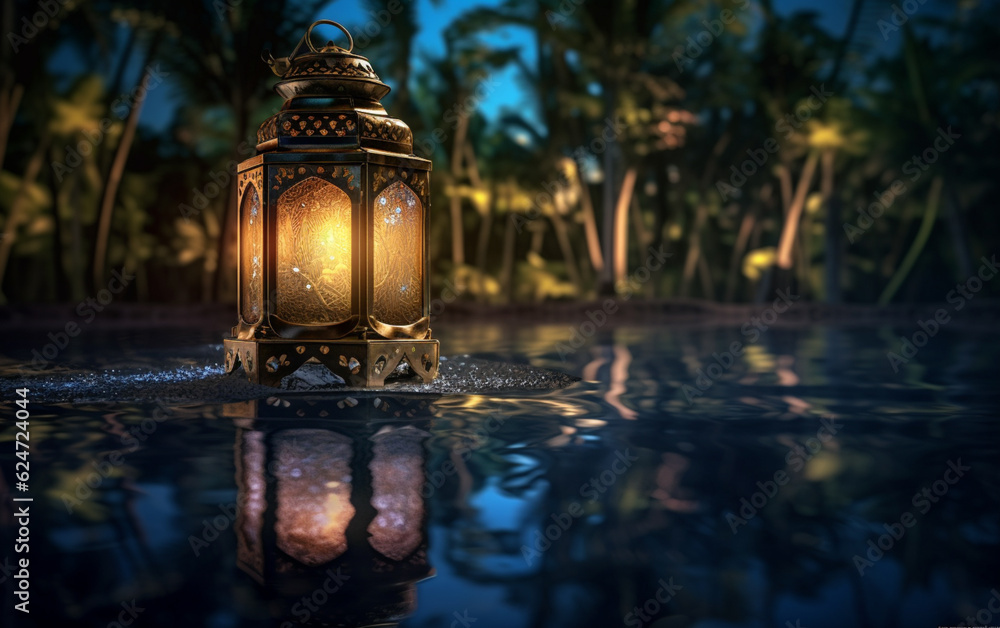 Naklejka premium A luminous Ramadan glass lantern at night floating over a pool of water with a background of palm leaves