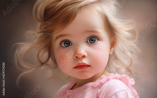 Portrait of a cute little girl in pink dress. Generative AI technology.