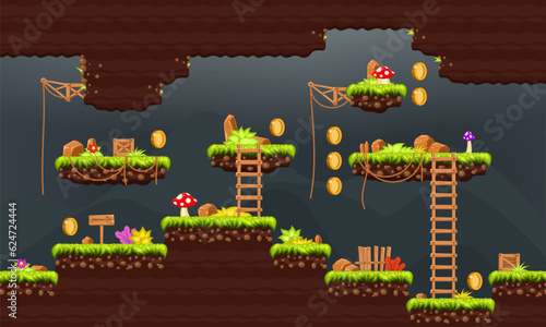 Video game. Elements and objects for computer game. Template for construction game level. Background for arcade game. Vector illustration.
