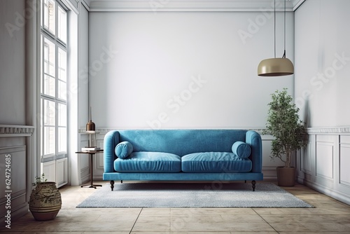 minimalist rustic living room with a bright blue sofa and a white wall. Generative AI