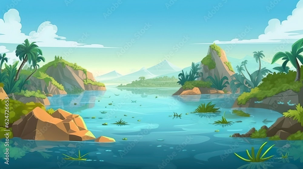 Naklejka premium Abstract background oceanic island. A mesmerizing banner design featuring an abstract background and an illustrated oceanic island. Generative AI.