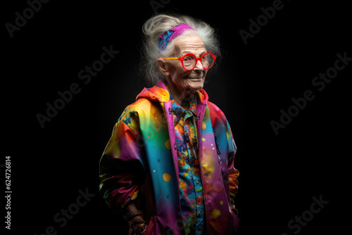 Old woman in fashionable bright outfit over dark background. Generative AI