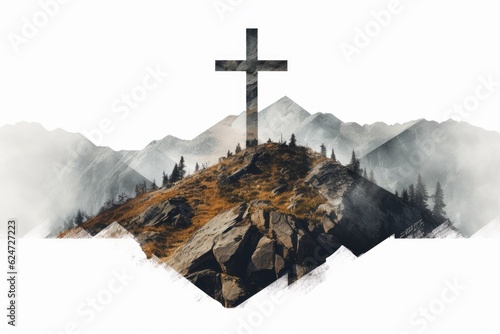 Cross on mountain peak in white background