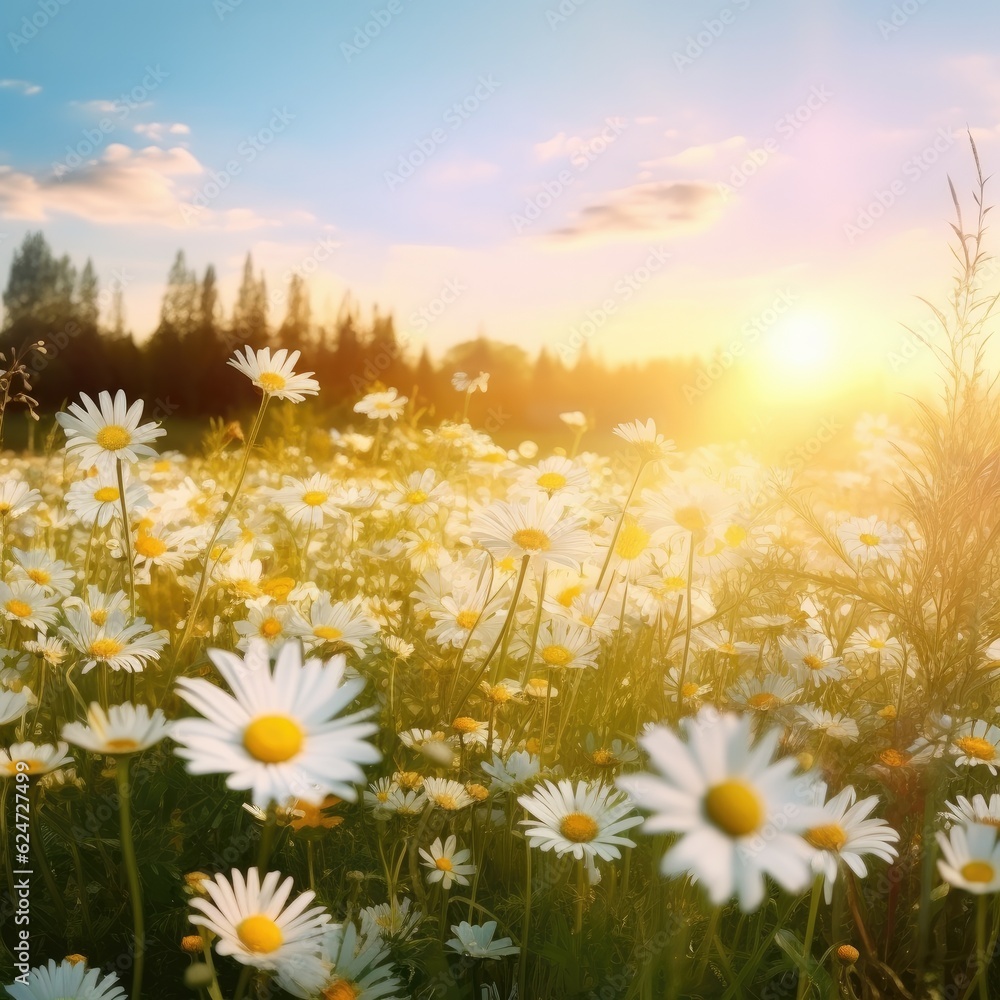 Beautiful summer natural background with yellow white flowers, daisies and dandelions in the grass morning. Generative AI.