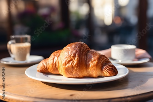 A freshly baked croissant on a table in a Parisian cafe