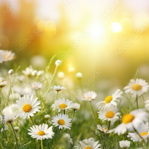 Beautiful summer natural background with yellow white flowers  daisies and dandelions in the grass morning. Generative AI.