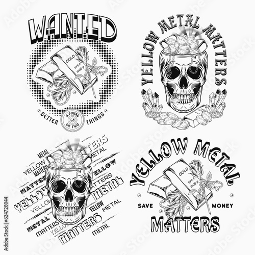 Set of black and white labels with gold ingots, human skull like cup full of treasure, roses, text. Concept of savings, wealth. Vintage vector illustration on white background.