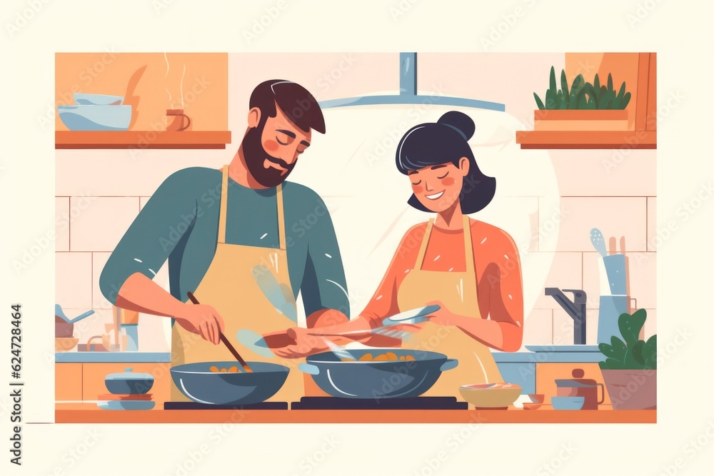 happy couple cooking food together in the kitchen. flat illustration.Generative AI
