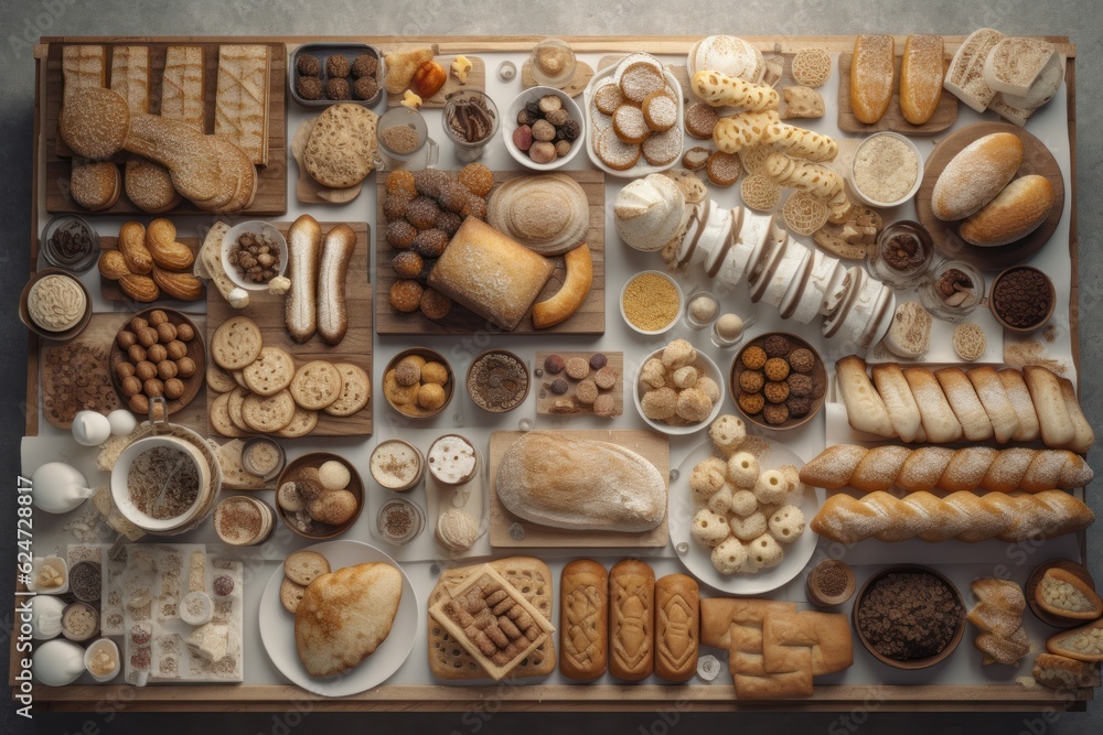 Set of fresh bread on white background, top view. Generative AI Set of fresh bread on white background, top view. Generative AI
