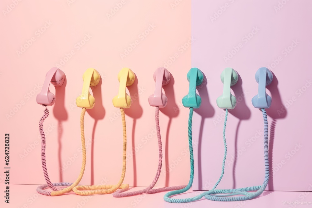 Retro phones in different pastel colors in row over pink backrownd. Generative AI
