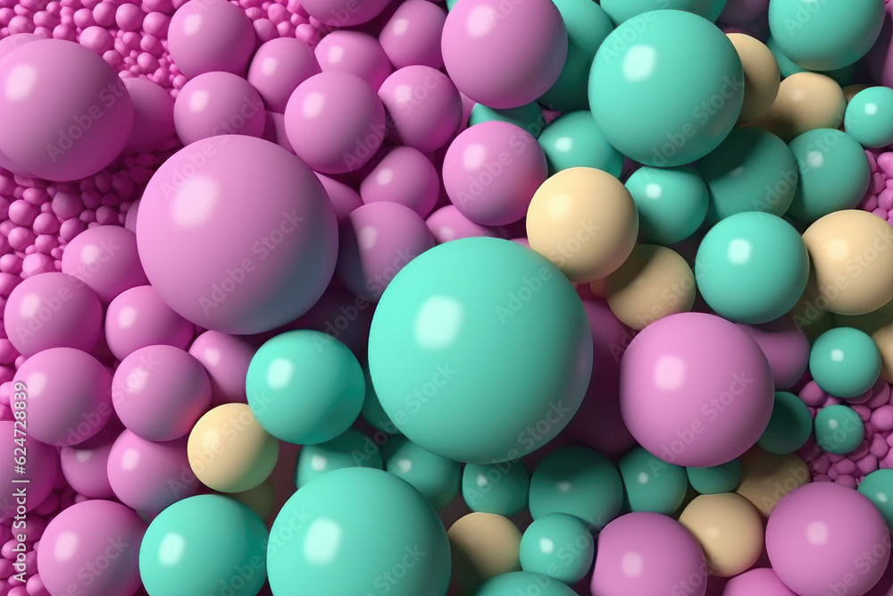 Group of colorful pastel balls over pink background. Generative AI