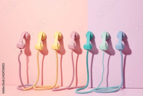 Retro phones in different pastel colors in row over pink backrownd. Generative AI © GVS