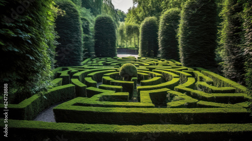 Hedge maze on a park at sunny day. Generative AI
