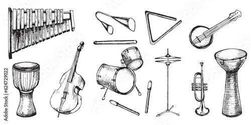 Set of drum kit, drumsticks vector illustration isolated. Musical instrument ink hand drawn. Percussion instrument conga, djembe black white silhouette. Triangle, contrabass, trumpet, banjo