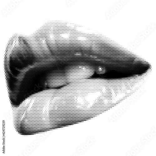 Woman kiss lips as retro halftone collage cutouts for mixed media design. Close mouth kiss in halftone texture, dotted pop art style. Vector illustration of vintage grunge punk crazy art mouth