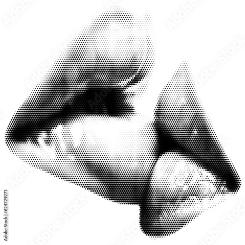 Woman kiss lips as retro halftone collage cutouts for mixed media design. Close mouth kiss in halftone texture, dotted pop art style. Vector illustration of vintage grunge punk crazy art mouth