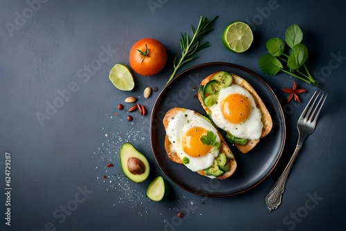 top view of fried eggs with vegetables and avocado,  Generative Ai technology