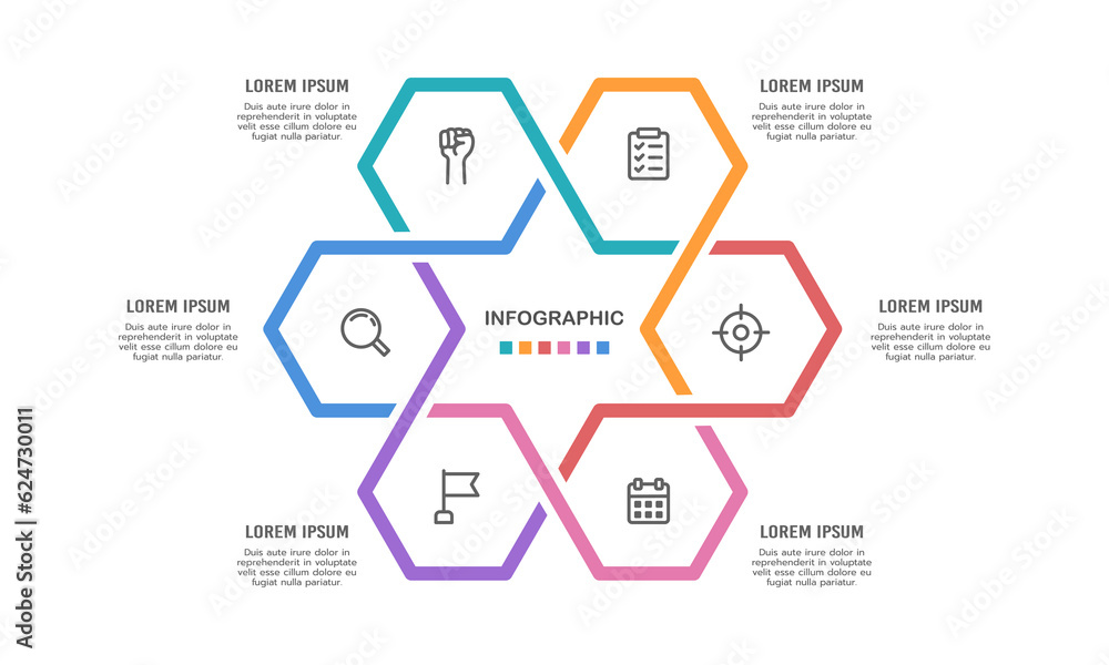 Infographic hexagon cycle. The pie chart is divided into 6 parts. Vector illustration. Infographic hexagon cycle. The pie chart is divided into 6 parts. Vector illustration.