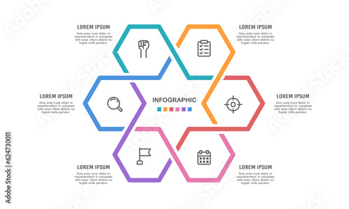 Infographic hexagon cycle. The pie chart is divided into 6 parts. Vector illustration.