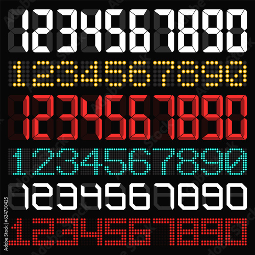 Electronic figures. Digital glowing numbers. LCD numbers for a electronic devices. Vector illustration.