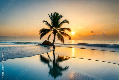 Palm tree at the bank of the river with sunset view, by Generative Ai technology
