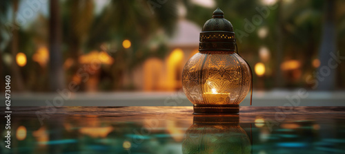 A luminous Ramadan glass lantern at night floating over a pool of water with a background of palm leaves and moonlight