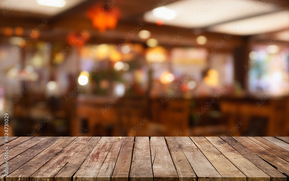 Wooden board empty table background. abstract blurred cafe background