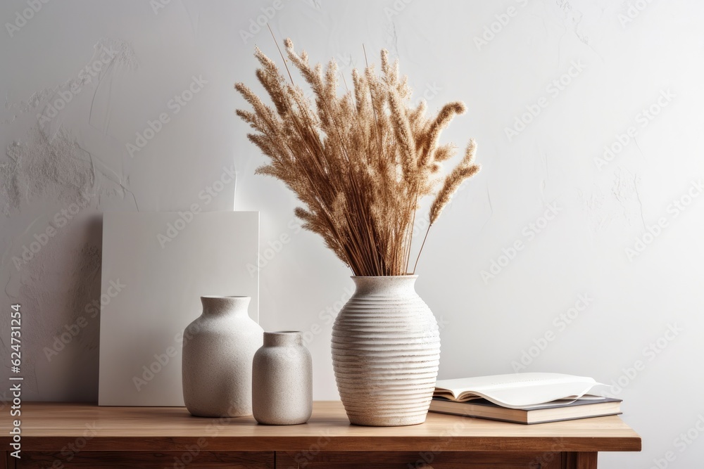 On a white table next to a white brick wall, there is a bouquet of dried grass branches in an ancient antique porcelain vase. Scandinavian style minimalistic composition in muted tones. Generative AI