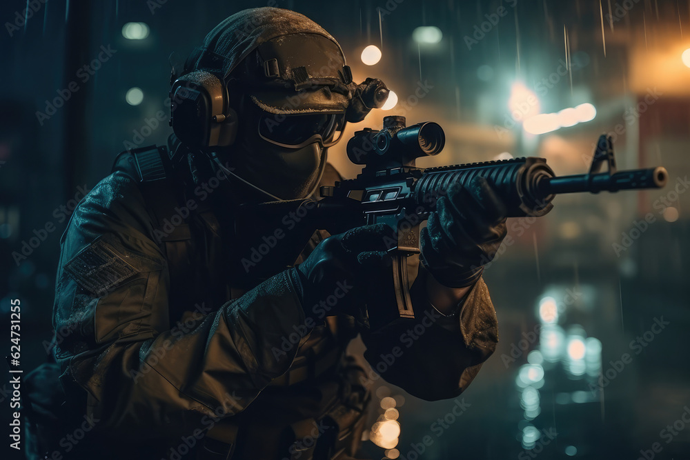 special forces soldier polices a with high technology gun and weapon working in night city, generative AI