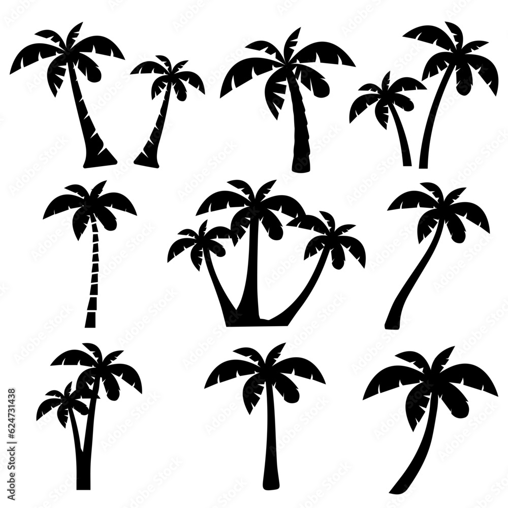 Fototapeta premium Tropical palm trees set isolated on white background vector illustration