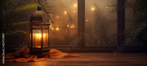 A Ramadan background of a Ramadan lantern with palm fronds in a room made