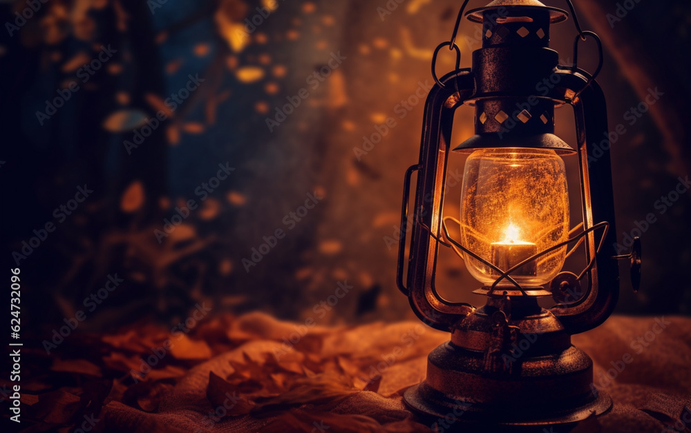 A Ramadan background of a Ramadan lantern with palm fronds in a room made