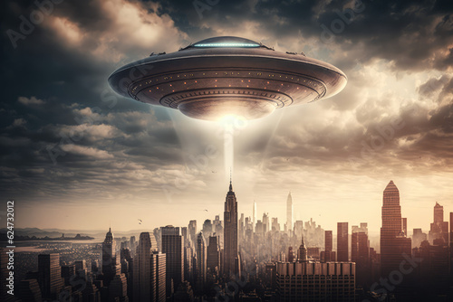 UFO flying over city. Unidentified flying object, generative AI