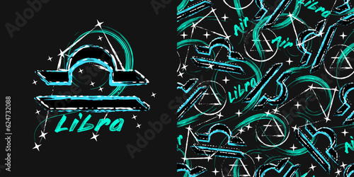 Label, pattern with icon of zodiac sign Libra with constellation, text, paint splatter, smudge, brush strokes. Horoscope esoteric element of the element of air. For decoration in street style
