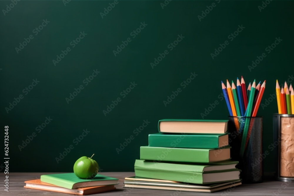 school supplies and textbooks on the background of the school board. Generative AI school supplies and textbooks on the background of the school board. Generative AI