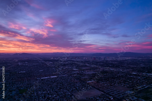 Aerial view of Las Vegas during beautiful sunrise. Fabolous morning in Las Vegas Nevada. 