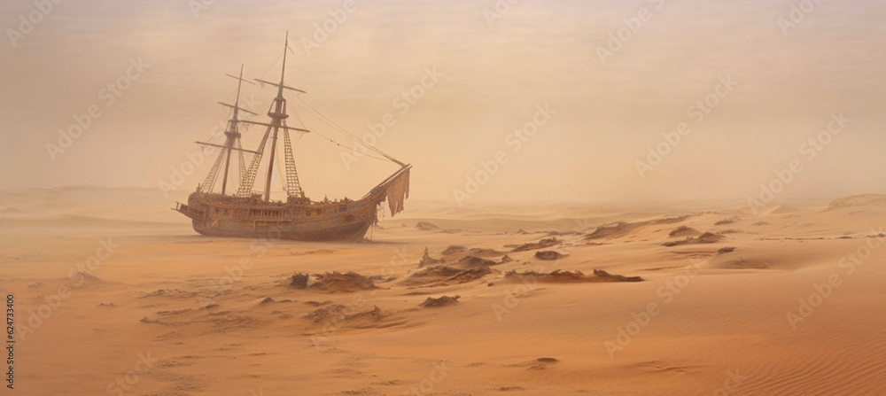 Obraz premium A wooden sailing ship with a wreck in the foreground amid desert dunes in the Empty Quarter