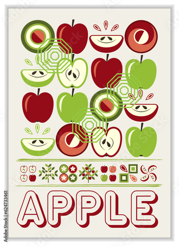 Vertical A4 poster with fruit apple, abstract shapes in simple geometric style. Good for branding, decoration of food package, cover design, decorative print, background, wall decoration