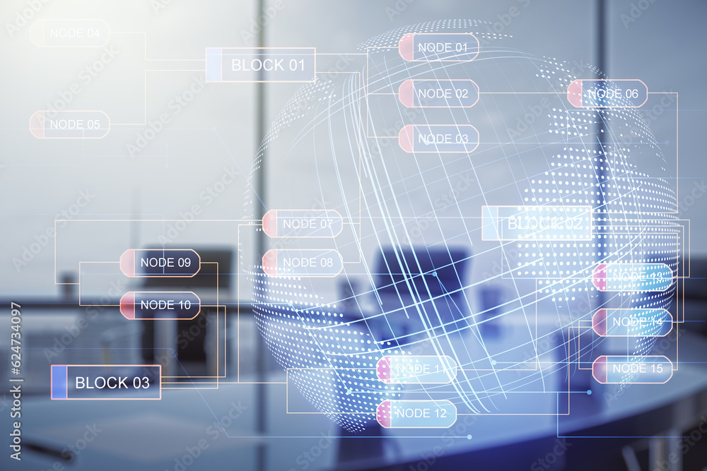 Multi exposure of abstract graphic coding sketch and world map on a modern furnished classroom background, big data and networking concept Multi exposure of abstract graphic coding sketch and world map on a modern furnished classroom background, big data and networking concept