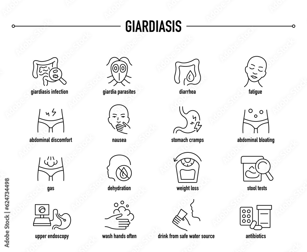 Giardiasis symptoms, diagnostic and treatment vector icon set. Line editable medical icons.