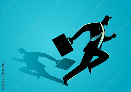 Business concept of a businessman running with his own shadow running in different direction, contradictions, halfhearted, not at heart, vector illustration