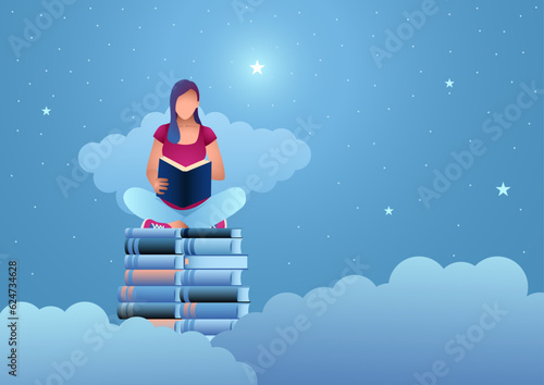 Woman sits atop a stack of books, reading a book amongst the stars, knowledge is power, aspirations concept