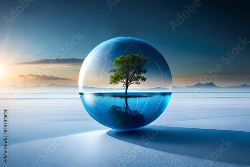 Tree showing from the transparent water bubble, Generative Ai technology © Fahad