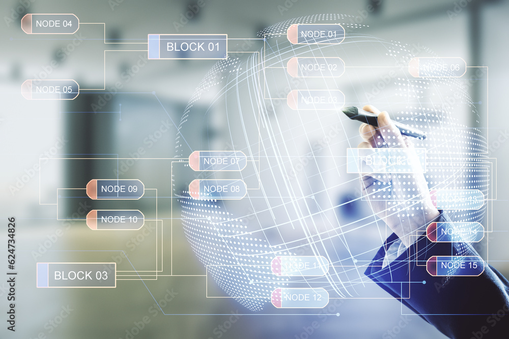 Man hand with pen working with abstract virtual coding concept and world map on blurred office background. Multiexposure