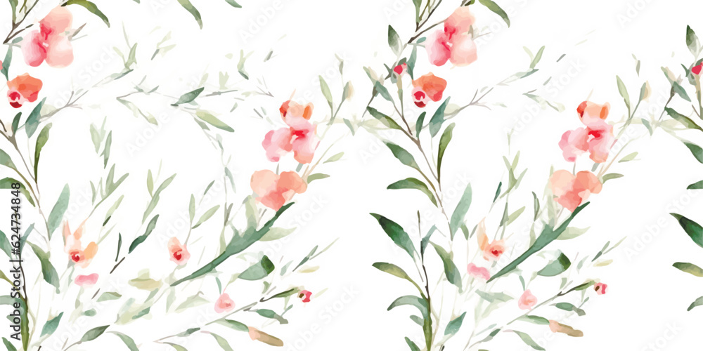 Abstract floral pattern of vertical branches with leaves and small flowers roses. Watercolor seamless print on white background Abstract floral pattern of vertical branches with leaves and small flowers roses. Watercolor seamless print on white background