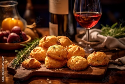 Gougères on a rustic table setup with red wine and fresh herbs photo