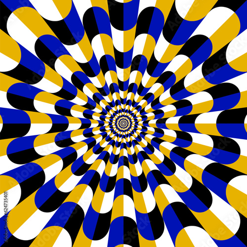 Optical illusion circular pattern of many colorful shapes. Vibrating colorful background design for visual meditation.