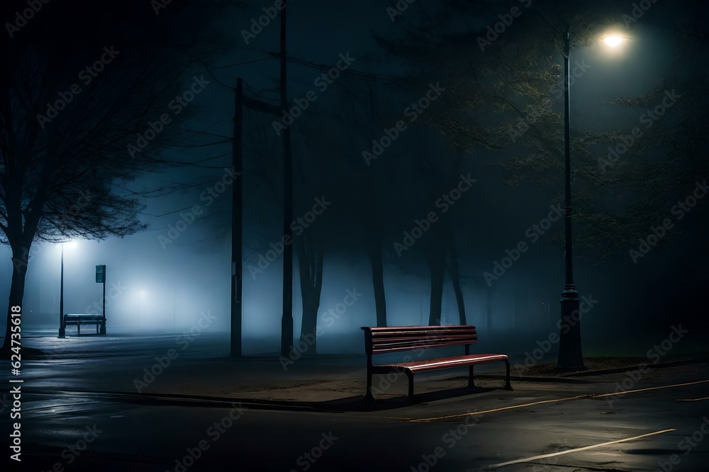 A lonely park bench sits gracefully amidst a blanket of thick fog, giving the scene an enchanting and magical quality.Ai generated